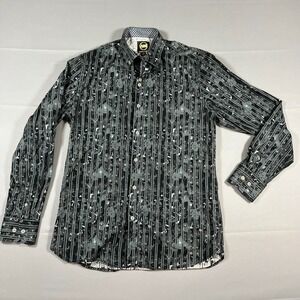Ameri Mode Button Up Shirt Mens S Black Gray Floral Cotton Stretch Long Sleeve